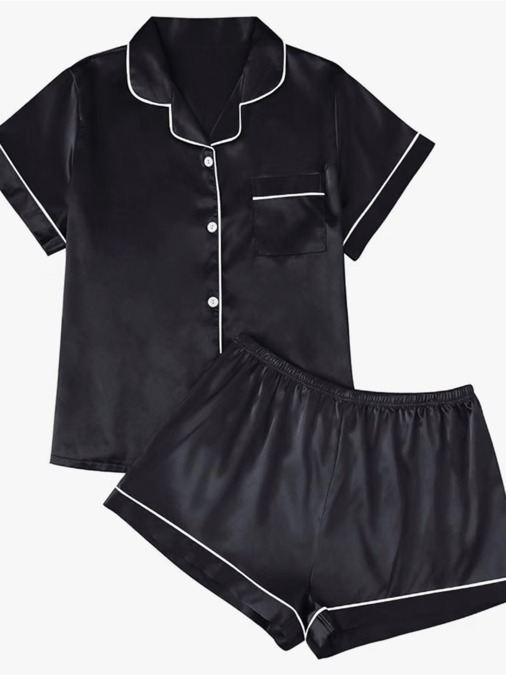Classic Satin Short PJ Set - Black with White Piping